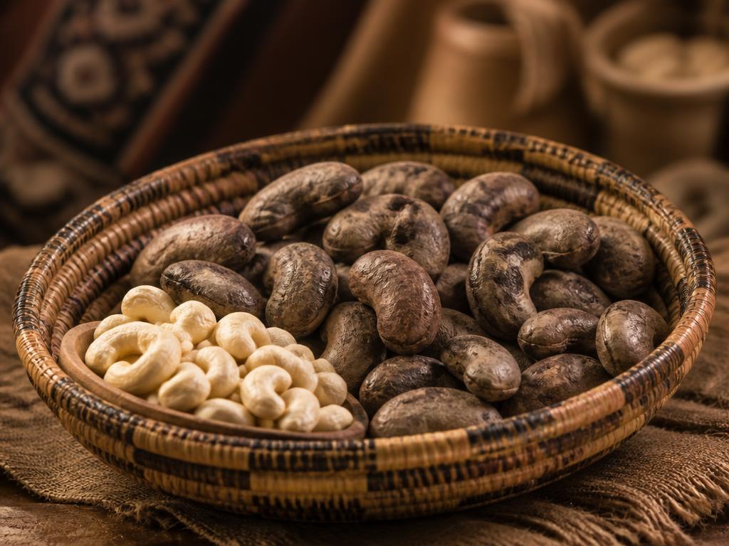 Raw and shelled Nigerian cashew nuts in a woven basket